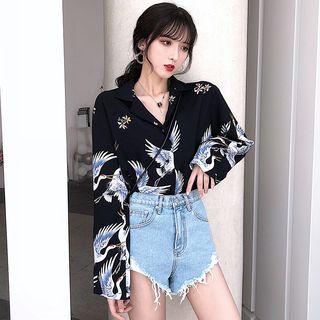 Printed Shirt Long Sleeve - Navy Blue - One Size