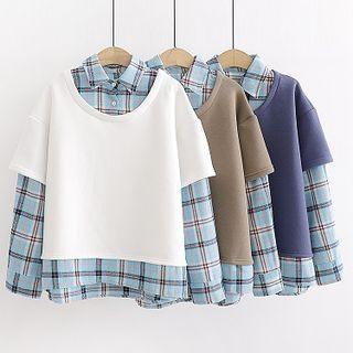 Mock Two-piece Long-sleeve Plaid Paneled Sweatshirt