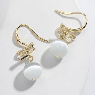 Rhinestone Bow Cat Eye Stone Dangle Earring Gold - One Size