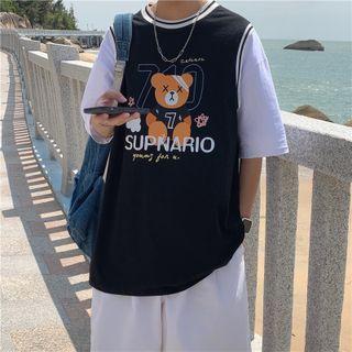 Elbow-sleeve Mock Two-piece Bear Print T-shirt
