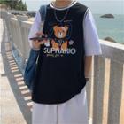 Elbow-sleeve Mock Two-piece Bear Print T-shirt