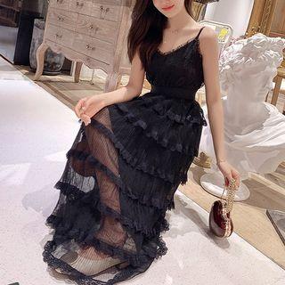 Sheer Panel Strappy Tiered Midi Dress