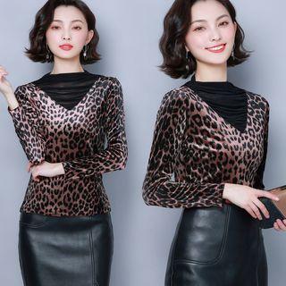 Long-sleeve Mesh Paneled Leopard Print Velvet Top