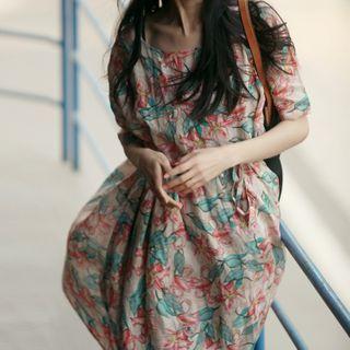 Short-sleeve Floral Print Midi A-line Dress Pink & Green - One Size