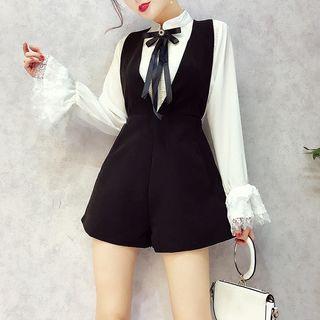 Set : Bow Long-sleeve Chiffon Blouse + Short Dungaree