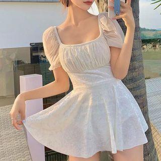 Set: Short-sleeve Bow Back Swimsuit + Swim Skirt