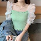 Puff-sleeve Square-neck Crinkled Cropped Top