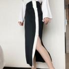 Contrast Trim Slit Midi Knit Skirt Black - One Size