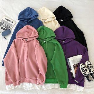 Mock Two-piece Panel Long-sleeve Hooded Fleece Sweatshirt