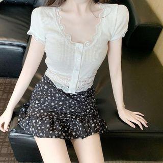 Lace Trim Knit Top / Floral A-line Skirt
