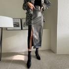 Deep-slit Genuine Leather Long Skirt