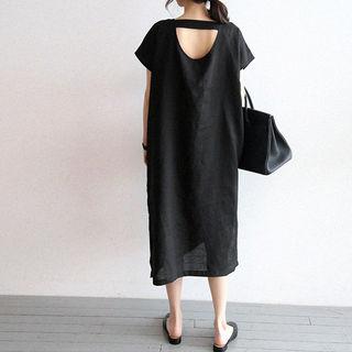 V-neck Cutout-back Linen Long Shift Dress