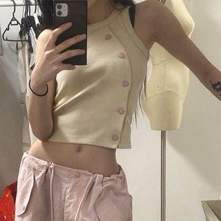Plain Asymmetric Button-through Sleeveless Top