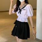 Puff-sleeve Sailor Shirt / Black Accordion Pleat A-line Skirt