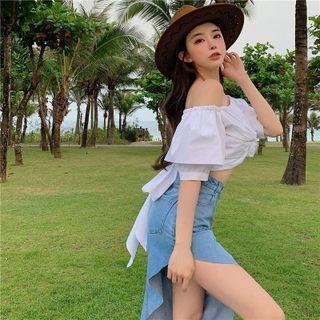 Off-shoulder Knotted Blouse / Asymmetrical Denim Pencil Skirt