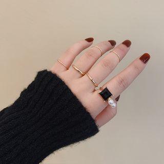 Set Of 6: Faux Pearl / Square Faux Crystal / Alloy Ring
