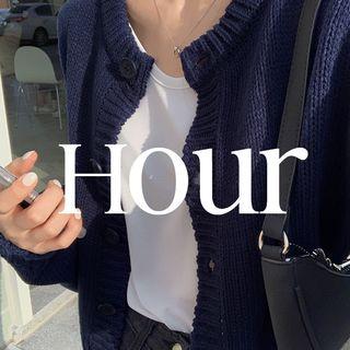 Round-neck Puff-sleeve Cardigan Dark Navy Blue - One Size