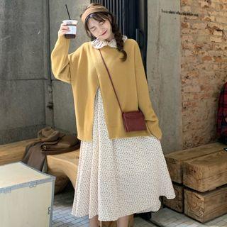 Flower Print Crew-neck Sweater / Flower Print Long-sleeve Midi A-line Dress