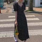 Short-sleeve Flower Print Midi A-line Dress Black - One Size