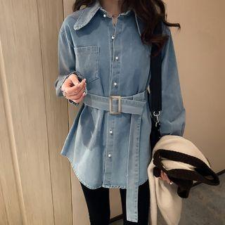 Faux Pearl Button Denim Shirt With Belt