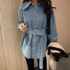 Faux Pearl Button Denim Shirt With Belt