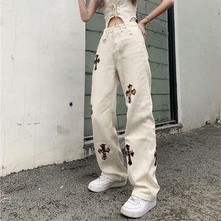 Cross Print High-waist Straight-leg Pants