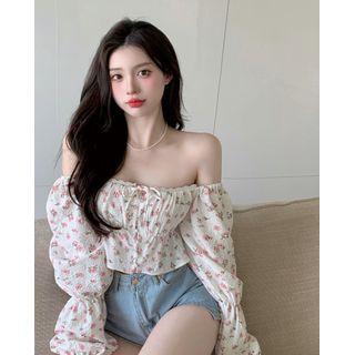 Puff-sleeve Off-shoulder Floral Blouse White - One Size