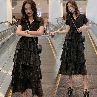 Glitter Short-sleeve Midi Chiffon Dress