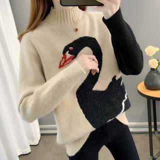 Mock-neck Swan Print Sweater
