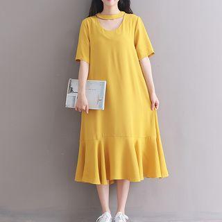 Choker-neck Short-sleeve Midi T-shirt