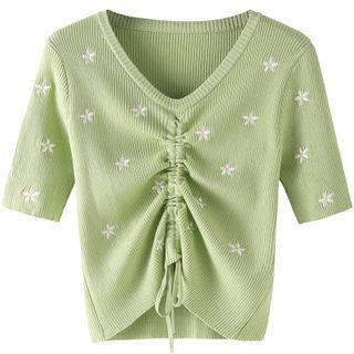 Floral Embroidered Drawstring Knit Crop Top