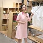 Short-sleeve Cat Embroidery Polo Dress Pink - One Size
