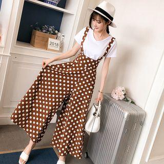 Set: Short-sleeve V-neck T-shirt + Polka Dot Wide-leg Jumper Pants