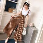 Set: Short-sleeve V-neck T-shirt + Polka Dot Wide-leg Jumper Pants