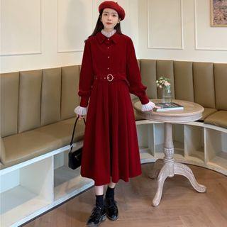 Long-sleeve Midi A-line Dress / Lace Top