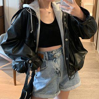 Mock Two-piece Faux Leather Hooded Jacket
