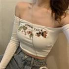 Goldfish Embroidered Off-shoulder Long-sleeve T-shirt White - One Size