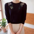 3/4-sleeve Floral Embroidered Knit Top