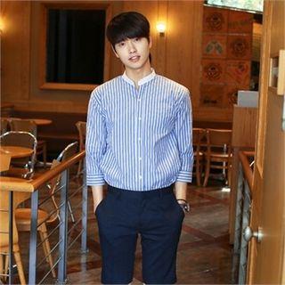 Mandarin-collar 3/4-sleeve Striped Shirt