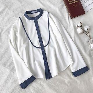 Color-block Single-breasted Crewneck Chiffon Long-sleeve Blouse