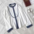 Color-block Single-breasted Crewneck Chiffon Long-sleeve Blouse