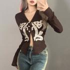 Long-sleeve Printed Slit Crop T-shirt