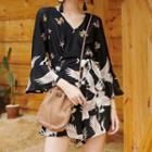Crane Print Flared-sleeve Playsuit
