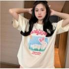 Elbow-sleeve Cartoon Print T-shirt / Sweatpants