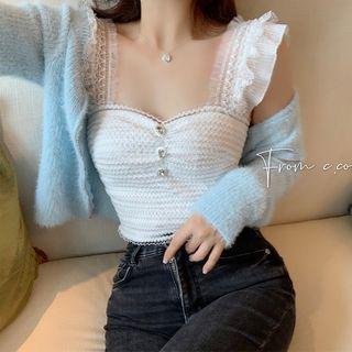 Cropped Zip Cardigan / Sleeveless Lace Top