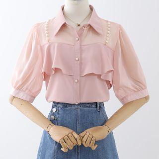 Short-sleeve Ruffle Faux Pearl Blouse