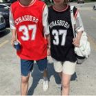 Couple Matching Elbow-sleeve Lettering Mock Two-piece T-shirt