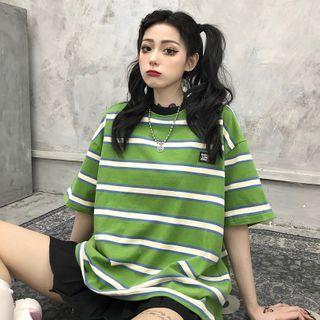 Short-sleeve Striped Round Neck T-shirt Green - One Size