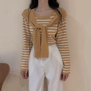 Mock Shawl Panel Striped Long-sleeve Knit Top
