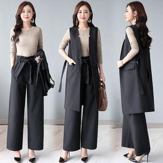 Set: Long-sleeve Top + Long Vest + Dress Pants